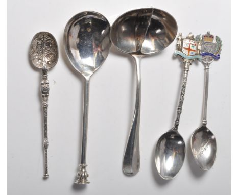 A group of five 20th Century spoon to include a rare D L Fullerton patented silver mint sauce ladle (hallmarked London 1929),