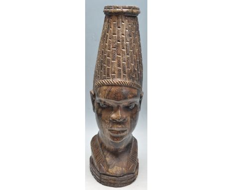 A 20th Century African tribal carved head wooden figurine / lamp base in the form of a female figure wearing a tall head dres