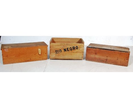 Two antique 19th century Victorian half skeleton wooden boxes / crates together with a later Rio Negro wooden box. Crate read