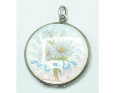A vintage 20th Century silver pendant envelope / locket of round for having guilloche enamelled panels with a painted daisy b