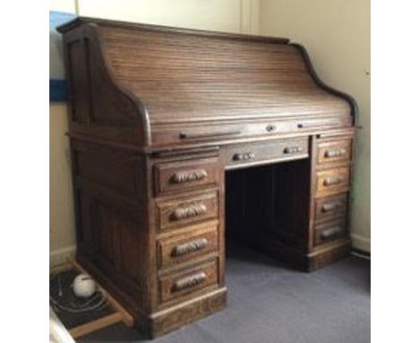 LATE 19TH CENTURY OAK TAMBOUR ROLLER SHUTTER OFFICE DESK WITH FITTED INTERIOR 130CM H X 136CM W X 85CM D