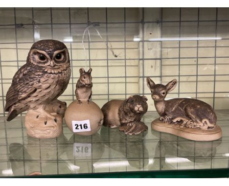 FOUR POOLE POTTERY MATT BIRD AND ANIMAL FIGURE GROUPS INC OWL AND DOOR MOUSE, ETC.