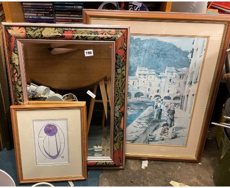 FRAMED AND GLAZED PRINT OF PORTOFINO AND WILLIAM MORRIS INSPIRED FRAMED MIRROR AND SMALL WATER COLOUR SKETCH OF GLASGOW SCHOO