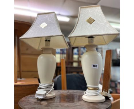 PAIR OF CREAM CERAMIC TABLE LAMPS WITH FABRIC SHADES