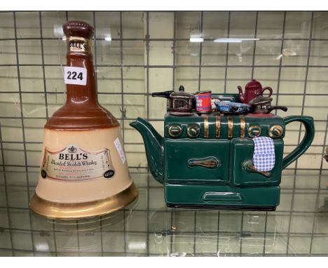 SEALED BELLS SCOTCH WHISKEY FLASK AND NOVELTY OVEN RANGE TEAPOT