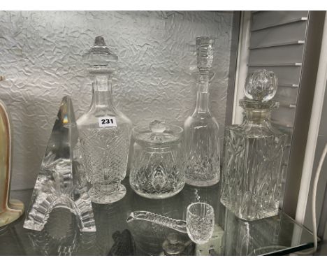 WATERFORD ETCHED HOBNAIL DECANTER AND STOPPER AND ONE OTHER WATERFORD DECANTER AND STOPPER, ONE OTHER GLASS DECANTER, BISCUIT