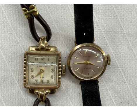 LADIES 9CT GOLD CASED ROTARY WRIST WATCH ON LEATHER STRAP AND VULGAR 17 JEWEL WRIST WATCH