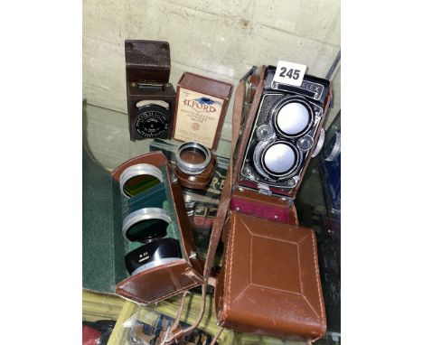 ROLLEIFLEX CAMERA, VINTAGE LENS COVERS, ILLFORD ELECTRIC EXPOSURE METER