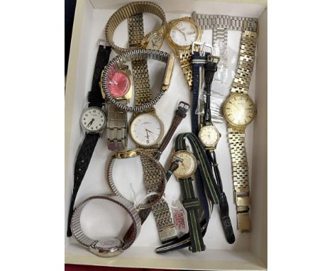 TRAY OF VARIOUS LADIES AND GENTS WRIST WATCHES, BY DOGMA, TIMEX, GAUMONT AND OTHERS