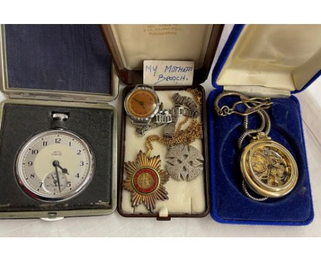 CASED SMITHS EMPIRE TRAVELLING ALARM CLOCK, WRIST WATCH, PLATED SKELETON POCKET WATCH ON PLATED CHAIN AND SILVER GILT ENAMEL 