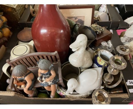 BOX - EPNS CANDLARBRUM, BISCUIT BARREL, VINTAGE CAR, MIXED CERAMIC, POTTERY TABLE LAMP, ETC