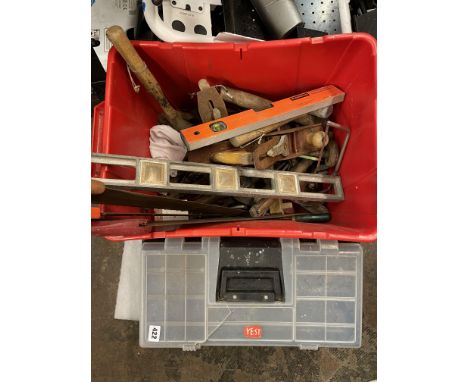 RED CRATE OF VARIOUS HAND TOOLS AND PLASTIC TOOL BOX