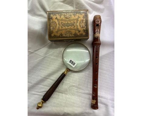 SORRENTO MUSICAL BOX, LARGE MAGNIFYING GLASS AND A RECORDER