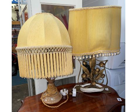 ALABASTER TABLE LAMP, AND A BRASS EFFECT FLORAL FRAMED TABLE LAMP