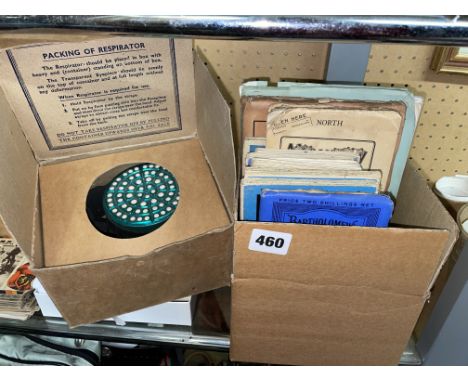 BOX OF VINTAGE BARTHOLOMEWS ORDNANCE SURVEY MAPS AND A GAS MASK