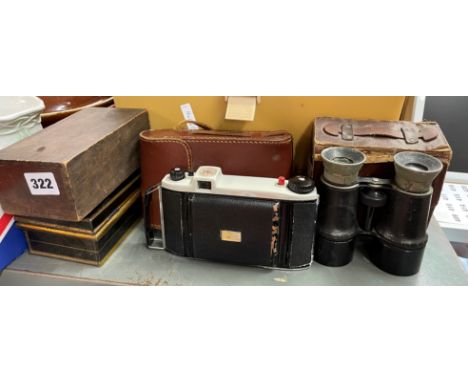 BOXED CHESS SET, CASED FLAT CAMERA, BINOCULARS, VINTAGE BOX