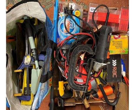 CRATE OF VARIOUS TOOLS - BATTERY CHARGER, ANGLE GRINDER, SAWS, CROW BAR, DECORATING TOOLS, ETC