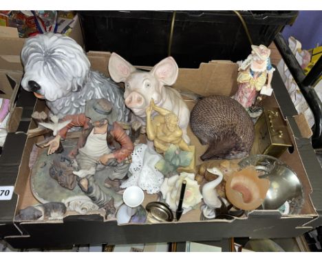 BOX CONTAINING CAPO FIGURE GROUP AF, PIG FIGURE, MANTEL CLOCK AND OTHER CERAMICS
