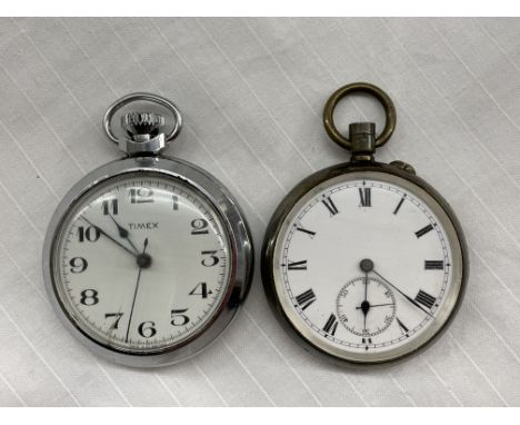 SILVER CASED POCKET WATCH AS FOUND AND A TIMEX STOP WATCH
