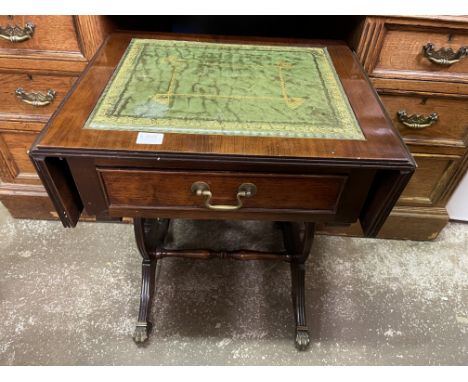 REPRODUCTION GREEN LEATHER INLAID MINI SOFA STYLE TABLE