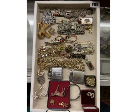 TRAY OF MISCELLANEOUS JEWELLERY INCLUDING WHITE METAL EGYPTIAN INSPIRED BRACELET, PASTE BROOCHES, VINTAGE CIGARETTE LIGHTERS 
