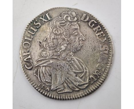 German States; A Swedish dominion of Pomerania Charles XI (Karl XI) 1690 silver 2/3 Thaler, obv. bust r., rev. crowned and he