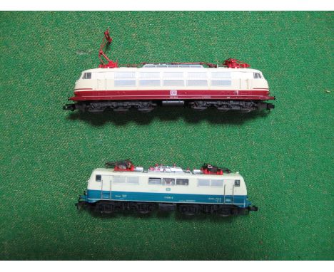 Two "N"Gauge DB Railways Electric Locomotives, fitted twin pantographs, unboxed, Fleischmann Co-Co class 103 red/cream R/No 1