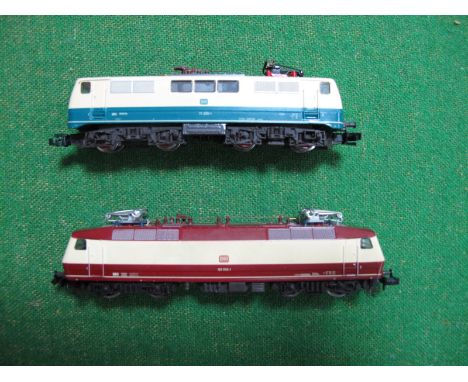 Two "N"Gauge Fleischmann DB Railways Bo-Bo Electric Locomotives, unboxed class 111, single pantograph, blue/cream R/No 111.20