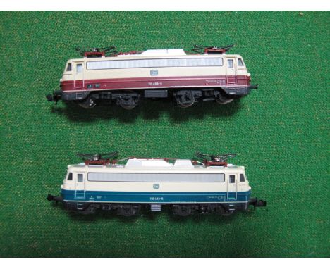 Two "N"Gauge Trix (Western Germany) Bo-Bo DB Railways Electric Locomotives, fitted twin pantographs, unboxed class 110, R/No 