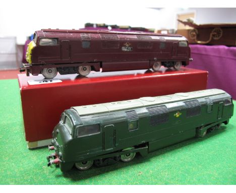 Two Trix T.T.R "Warship" Class Diesel Hydraulic Bo-Bo Locomotives 3 Rail, BR green, unboxed, plus 2 rail; BR maroon "Daring" 