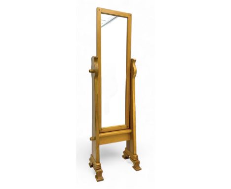 Contemporary light oak cheval dressing mirror, rectangular frame enclosing plain mirror plate, on shaped supports with turned