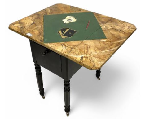 Victorian ebonised drop-leaf pot cupboard with later trompe l'oeil painted top, depicting marbled surface with baize cloth, p