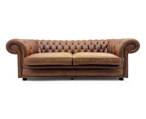 Springvale - large Chesterfield sofa, upholstered in buttoned tan leather, two cushion deep seat, turned bun feetDimensions: 