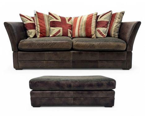Large Knole design three-seat sofa upholstered in brown leather with scatter cushions upholstered in contrasting striped and 