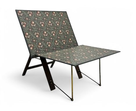 Late 20th century mahogany folding folio stand, the angled top and fold-out shelf decorated with a William Morris-style pomeg