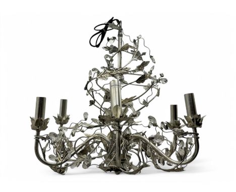 India Jane - silver finish metal chandelier, modelled with scrolling vines and leaves, embellished with faceted glass drops, 