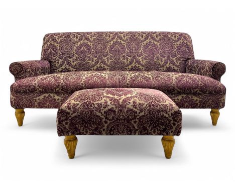 Multi-York - contemporary two-seat sofa, upholstered in damask fabric in shades of burgundy and beige, raised on turned and f