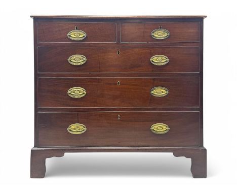 George III mahogany chest, rectangular top with moulded edge over two short and three long graduated cockbeaded drawers, each