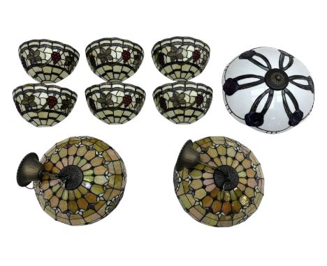 Collection of Tiffany-style light shades, to include six bowl-shaped wall-mounted fittings with floral and berry motifs and t