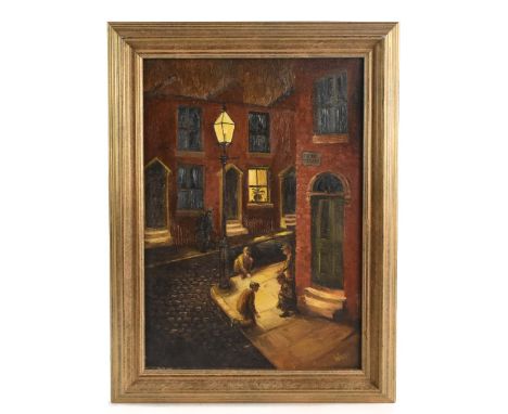 FRED WILDE (1910-1986); oil on canvas, Manchester lamplit scene featuring boys playing tiddlywinks on Canal Street, signed lo