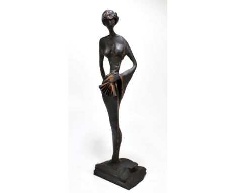 SYLVIA ATTARD; a bronzed figure, stylised lady or geisha holding fan, signed and dated '94 to base reverse, height 69cm. (D)F
