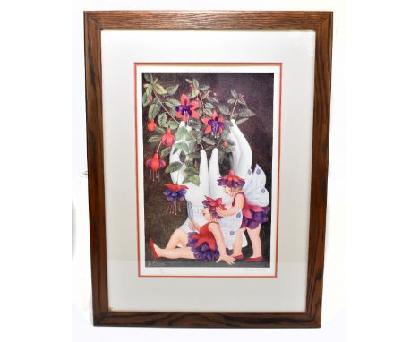 BERYL COOK OBE (1926-2008); a signed limited edition coloured print, 'Fuchsia Fairies', no.306/650, published by Alexander Ga