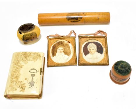 A group of collectors' items to include a Mauchline ware hatpin holder of cylindrical form 'The Pier, Deal', a pair of portra