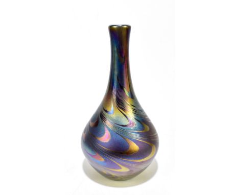 JOHN DITCHFIELD FOR GLASFORM; a contemporary iridescent baluster vase with stylised decoration, signed and numbered 5720 to b