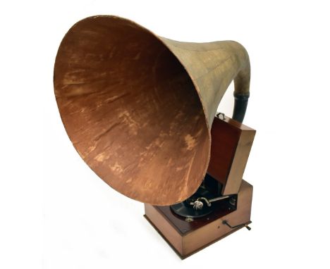 EMG; a Mk. X mahogany cased clockwork gramophone with huge later Xb papier-mâché horn, the arm stamped E.M.G., the sound box 