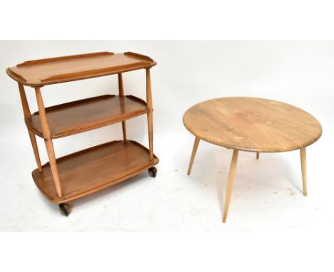 ERCOL; a light elm three-tier drinks trolley,&nbsp;height 76cm,&nbsp;length 72cm, and an Ercol light elm&nbsp;circular top co