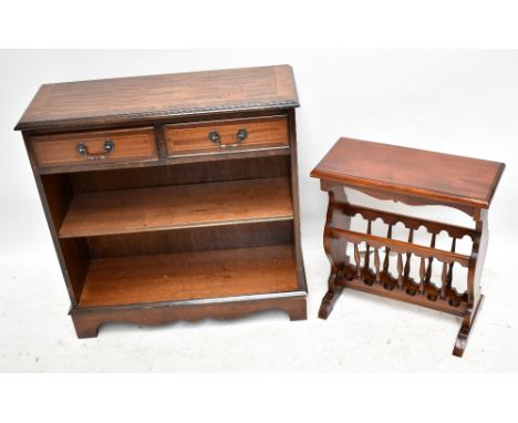 A mahogany and inlaid bookshelf with two short drawers over single shelf to bracket feet, height 76cm, width 75cm, depth 28cm