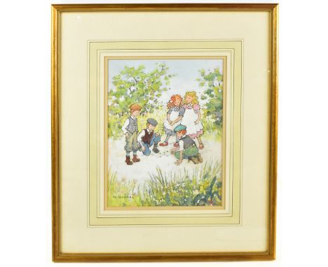 MARGARET CHAPMAN (1940-2000); watercolour, pencil and body colour, children playing marbles, signed, 24.5 x 19cm, framed and 