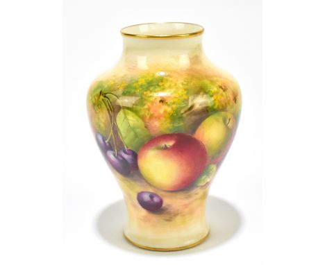 EDWARD TOWNSEND FOR ROYAL WORCESTER; a hand painted vase of shouldered form, painted with fruit, signed to rim, puce factory 