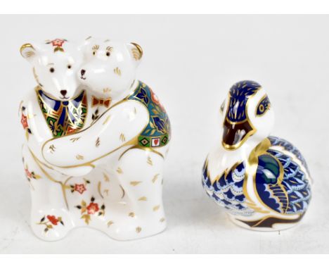 ROYAL CROWN DERBY; two paperweights to include a pair of Teddy Bears hugging (lacking base stopper), height 9cm, etc (2).Addi